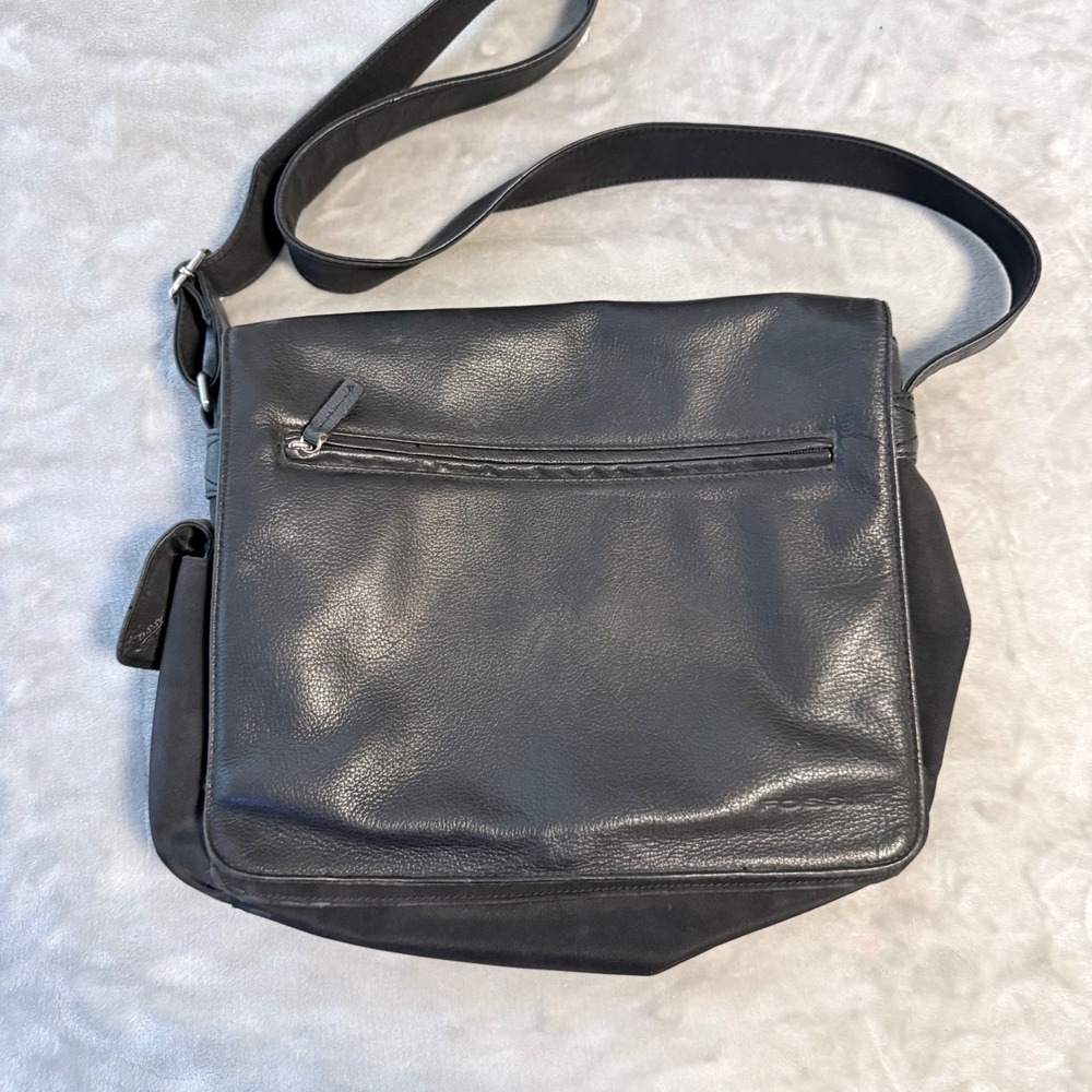 Fossil Black Leather Nylon Messenger Bag Organizer Laptop Crossbody Adjustable
